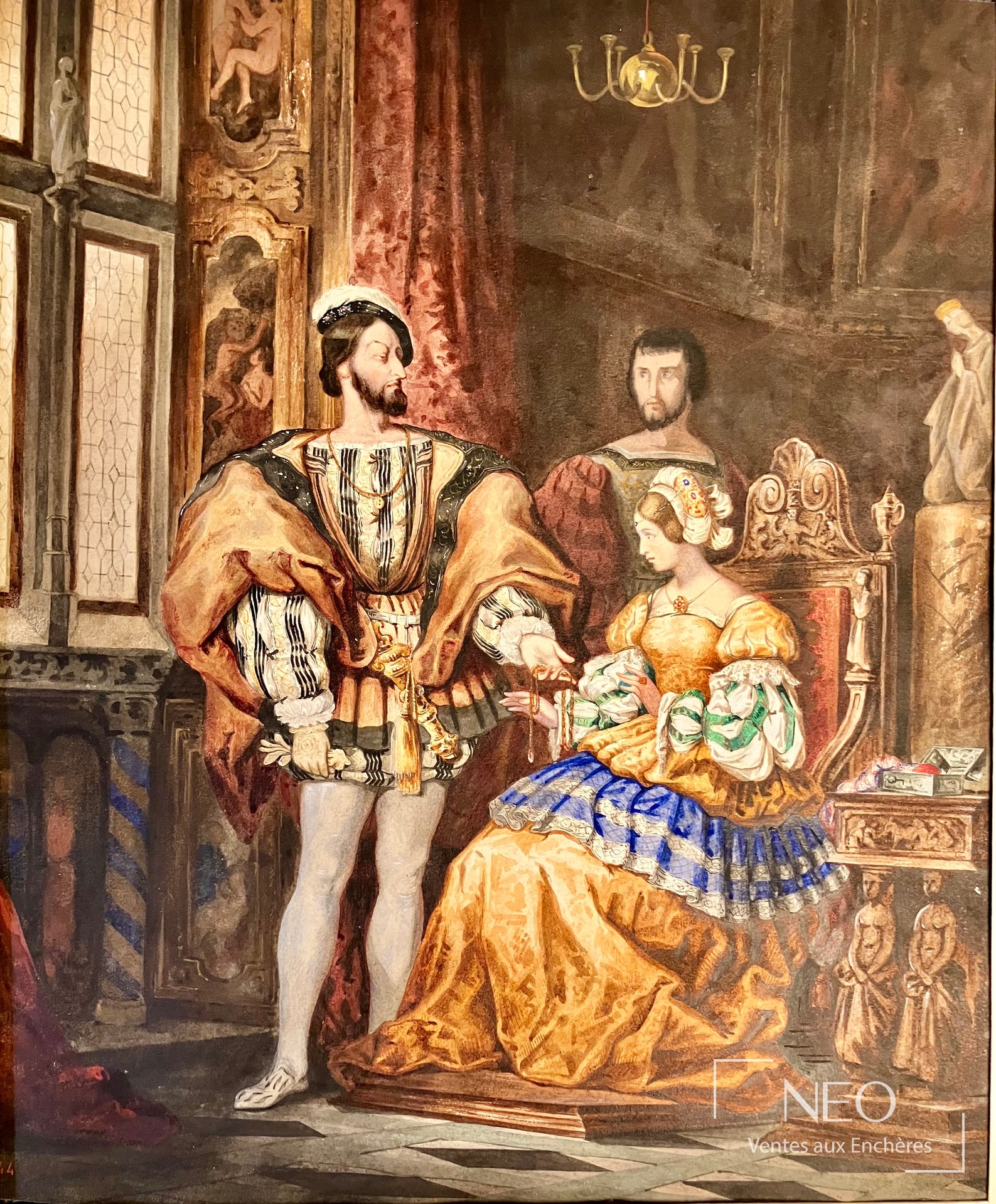 Aquarelle représentant François Ier et la duchesse d'Etampes dans un intérieur Renaissance