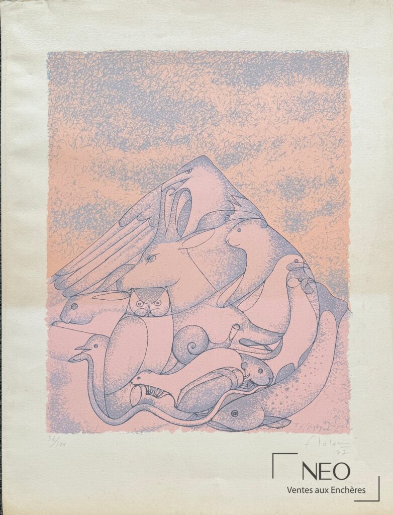 Lithographie de François-Xavier Lalanne représentant une composition animale sur fond rose et bleu.