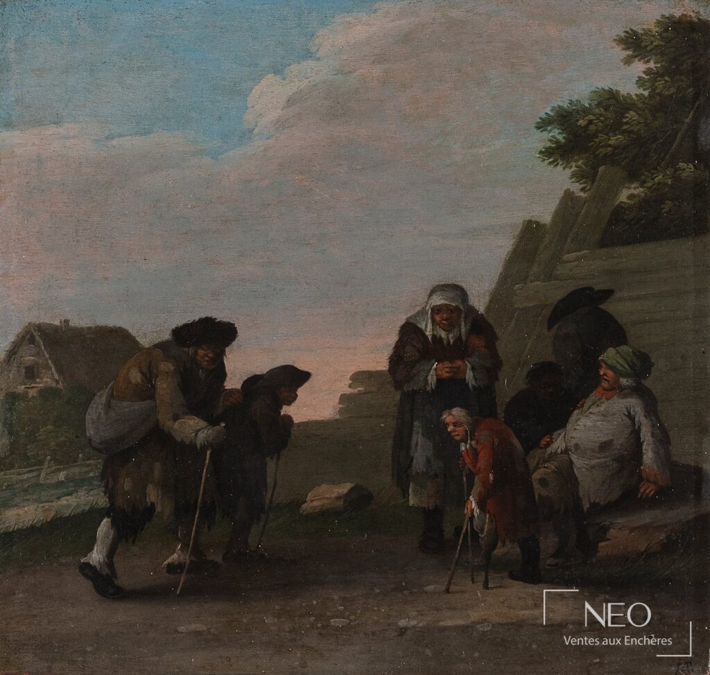 Scène de mendiants peinte sur panneau avec plusieurs figures dans un paysage