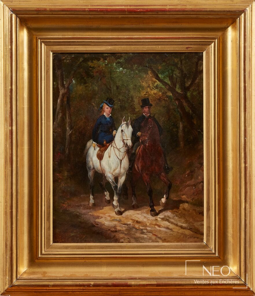 Peinture encadrée représentant deux cavaliers à cheval dans un sous-bois