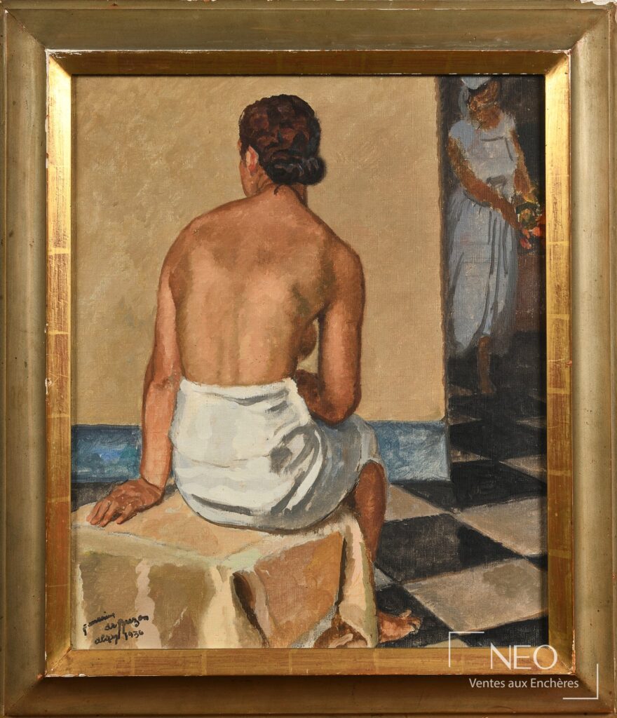 Huile sur toile de Frédéric Marius de Buzon représentant une femme au bain