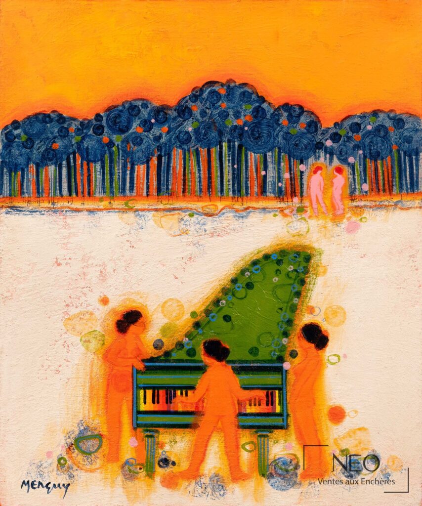 Huile sur toile de Frédéric Menguy représentant une scène colorée avec piano et figures stylisées