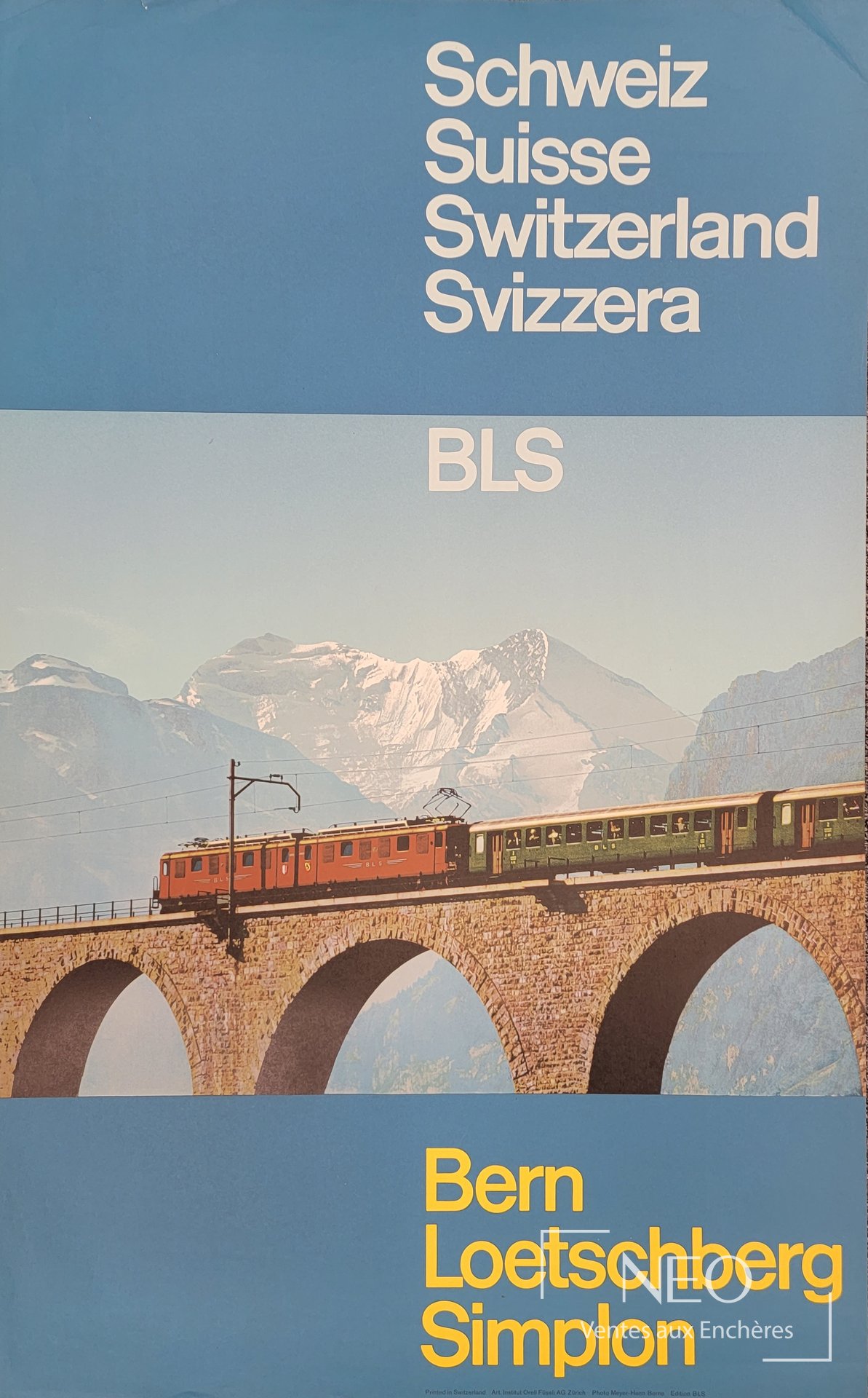 Affiche suisse BLS en couleurs montrant un train sur un viaduc alpin