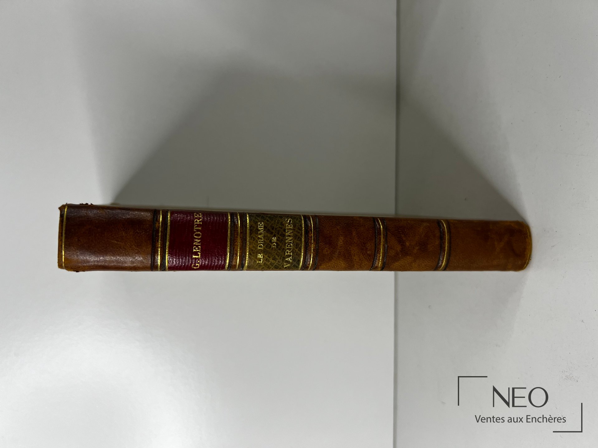 Dos d'un livre en demi basane avec titre doré sur pièce de maroquin rouge et jaune
