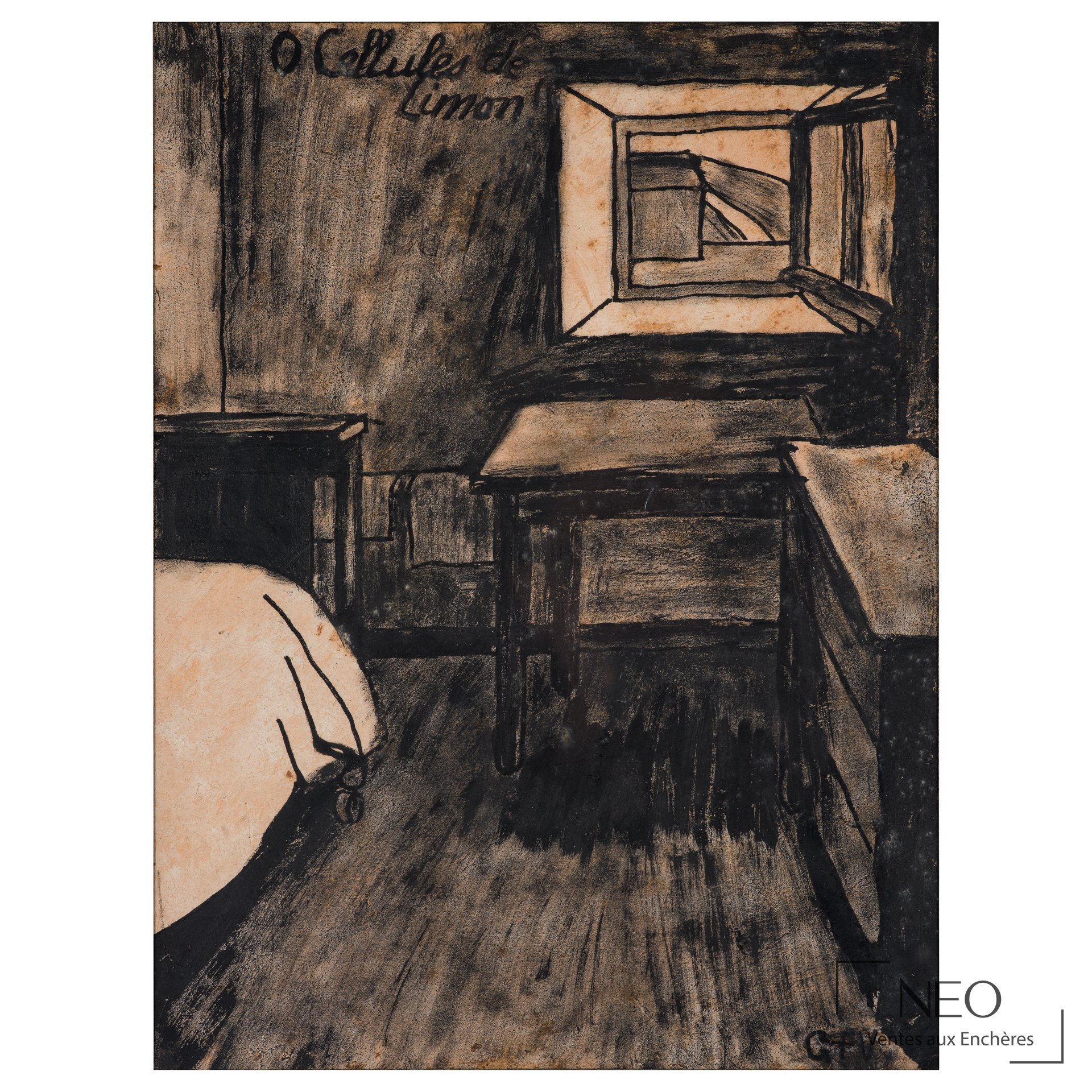 Dessin au crayon gras représentant un intérieur