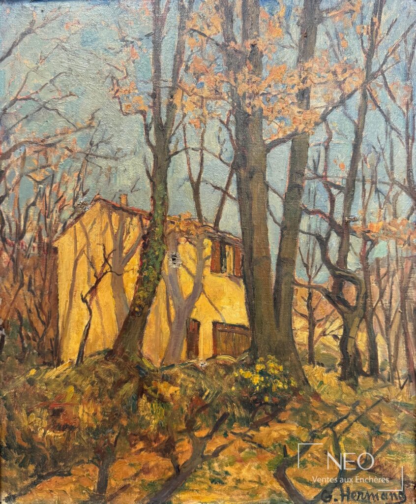 Huile sur toile représentant une maison dans un sous-bois