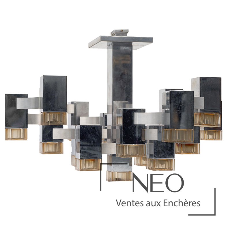 Lustre géométrique en métal chromé et plexiglas