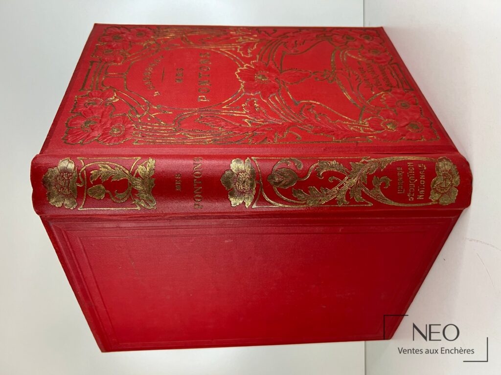 Couverture rigide rouge ornée de décors dorés et titre Mes Pontons