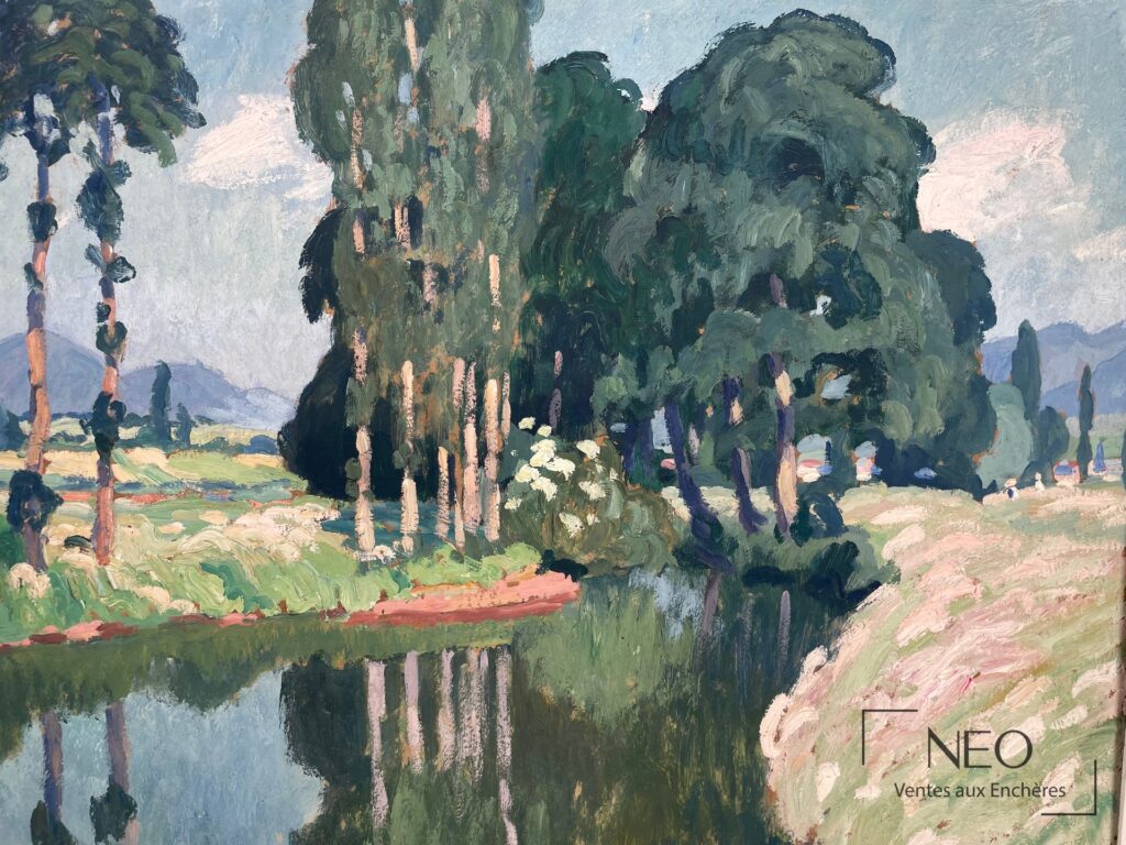 Vue de rivière peinte à l'huile sur panneau
