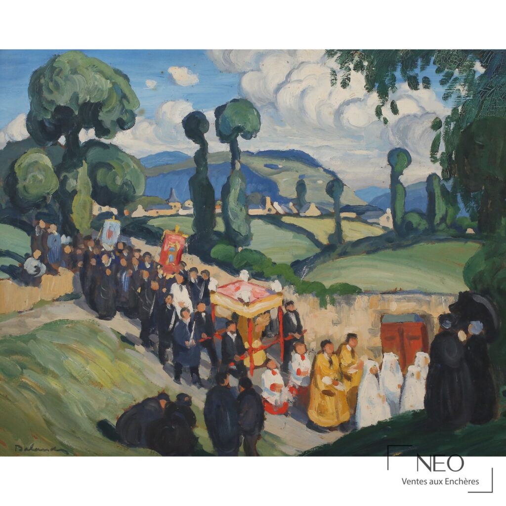 Scène de procession peinte à l'huile sur panneau