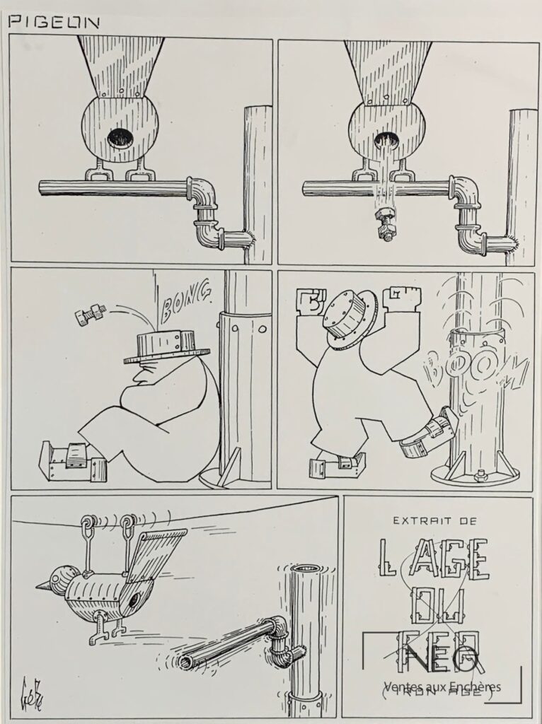 Planche dessinée en noir et blanc avec la mention PIGELIN en haut à gauche
