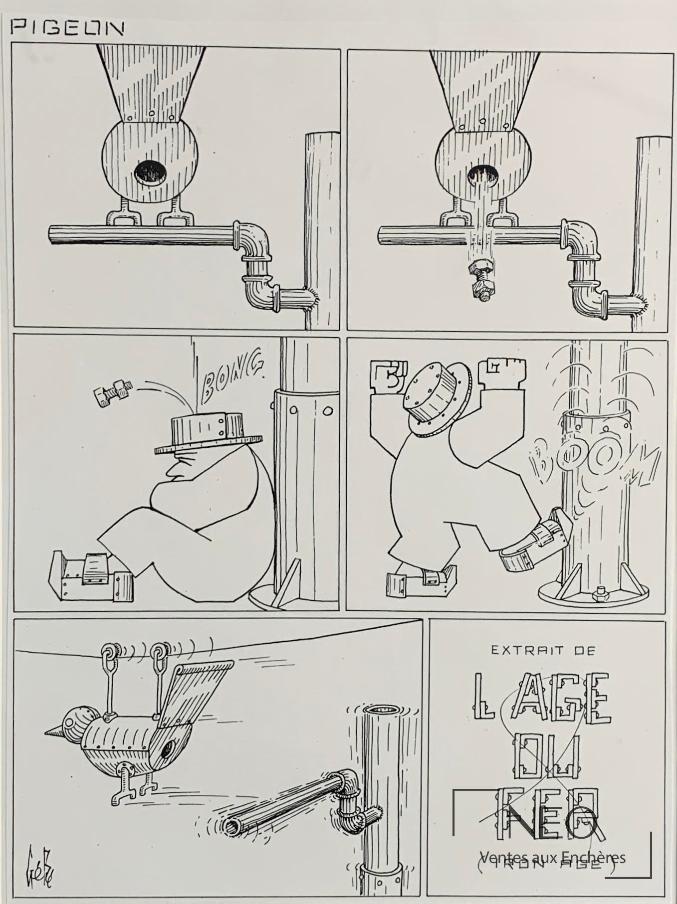 Planche dessinée en noir et blanc avec la mention PIGELIN en haut à gauche