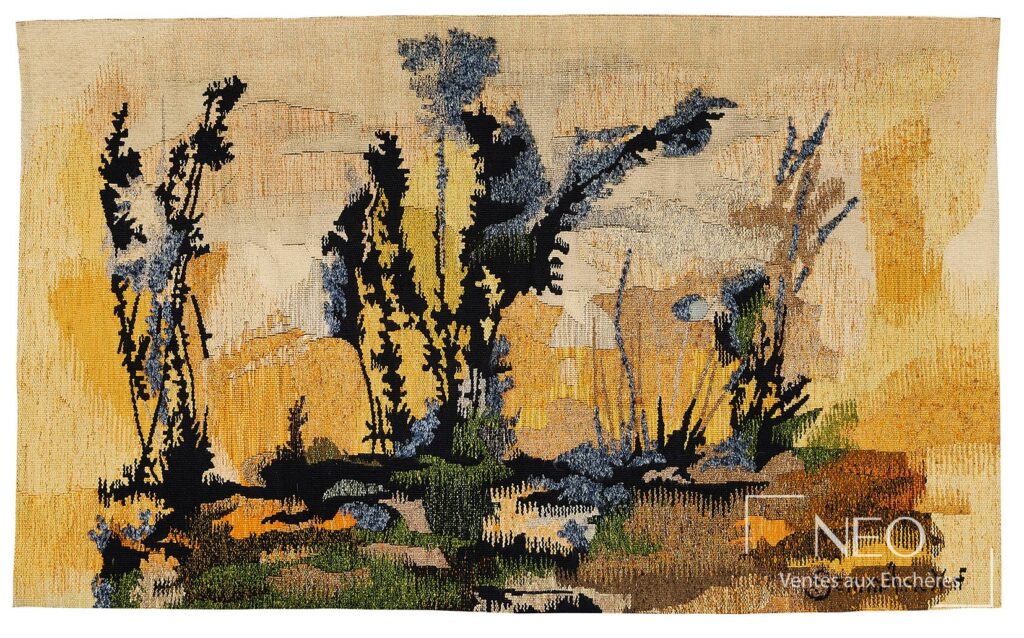 Tapisserie abstraite en laine polychrome aux tons jaunes