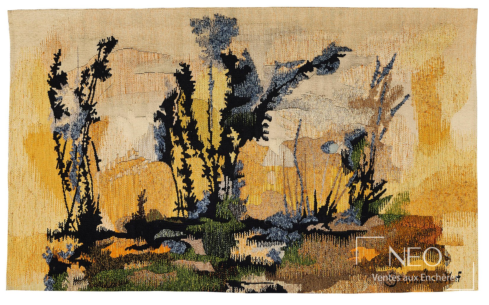 Tapisserie abstraite en laine polychrome aux tons jaunes