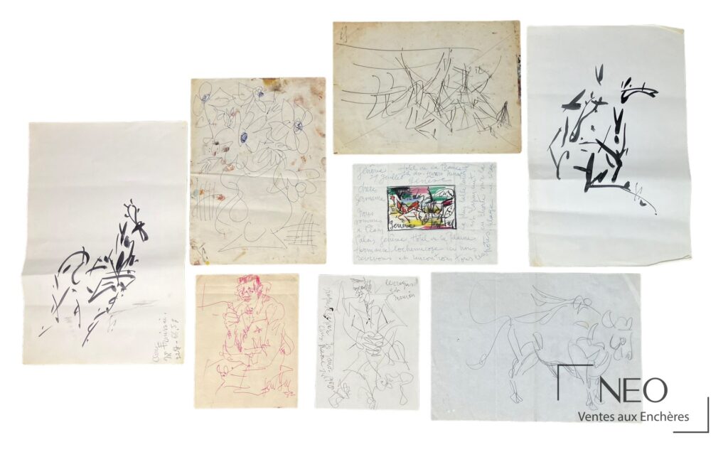 Ensemble de dessins de Gen Paul présenté en plusieurs feuilles sur fond blanc