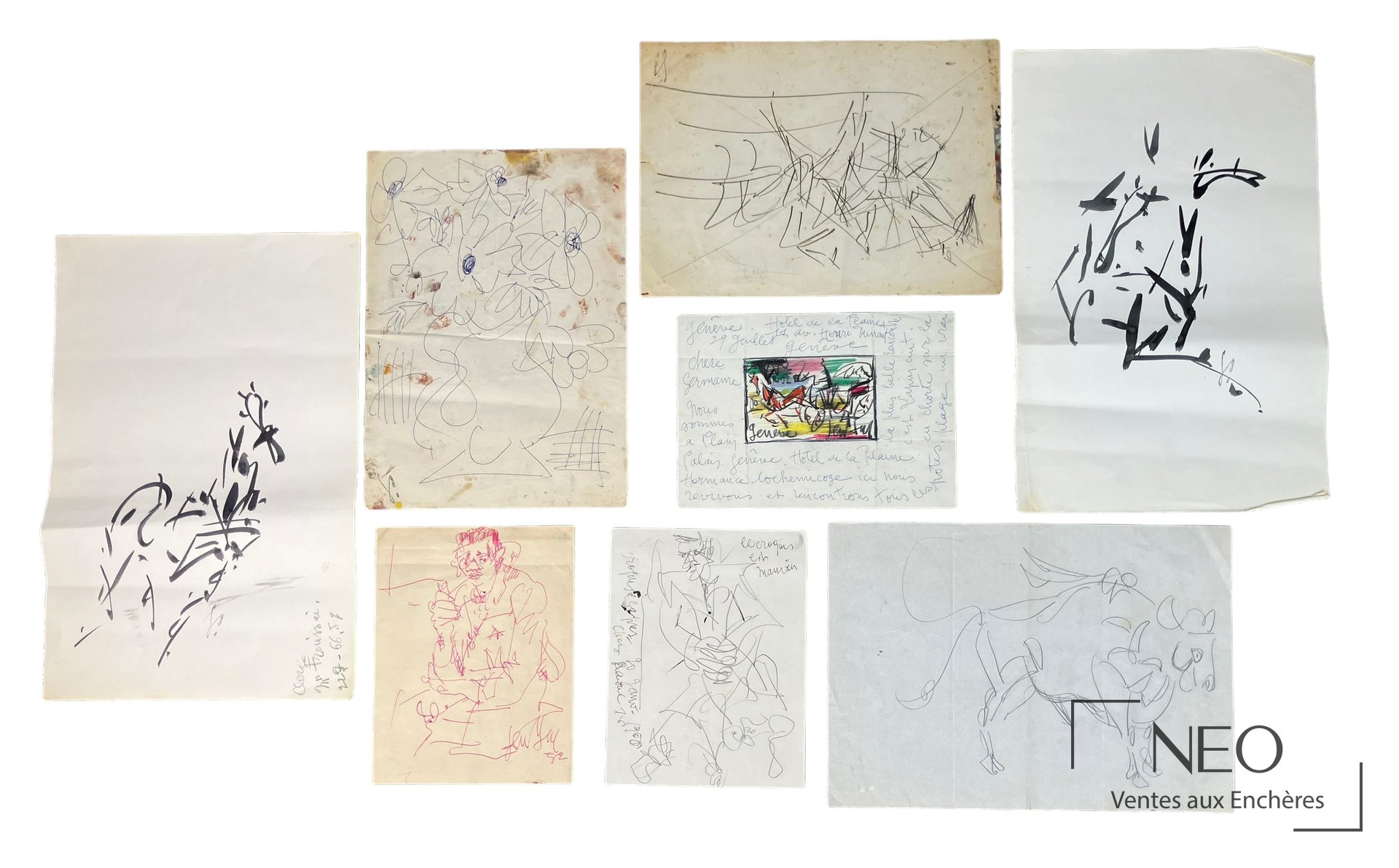 Ensemble de dessins de Gen Paul présenté en plusieurs feuilles sur fond blanc