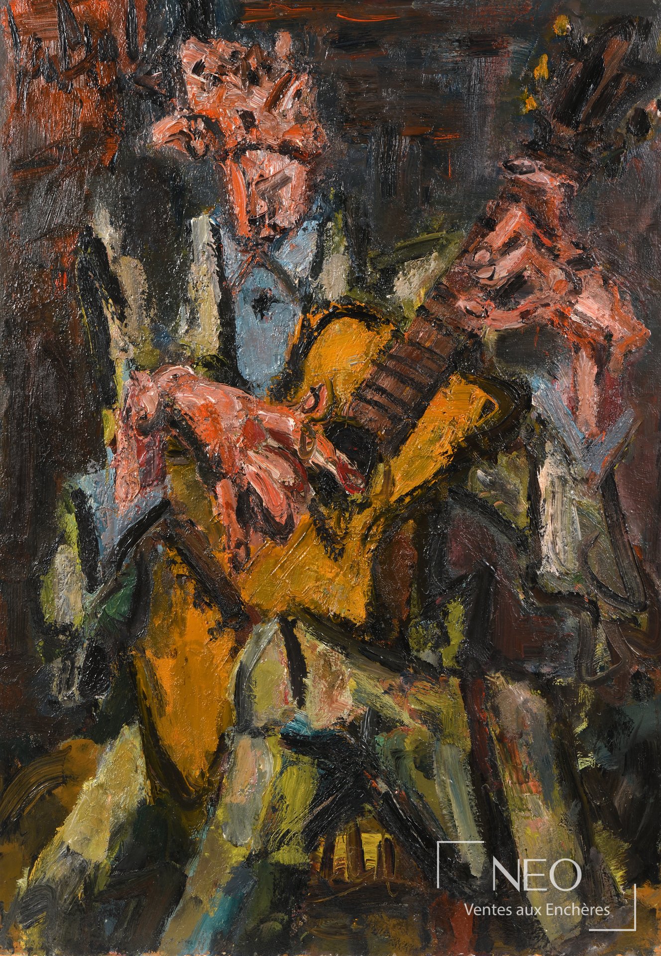Huile expressionniste représentant un guitariste