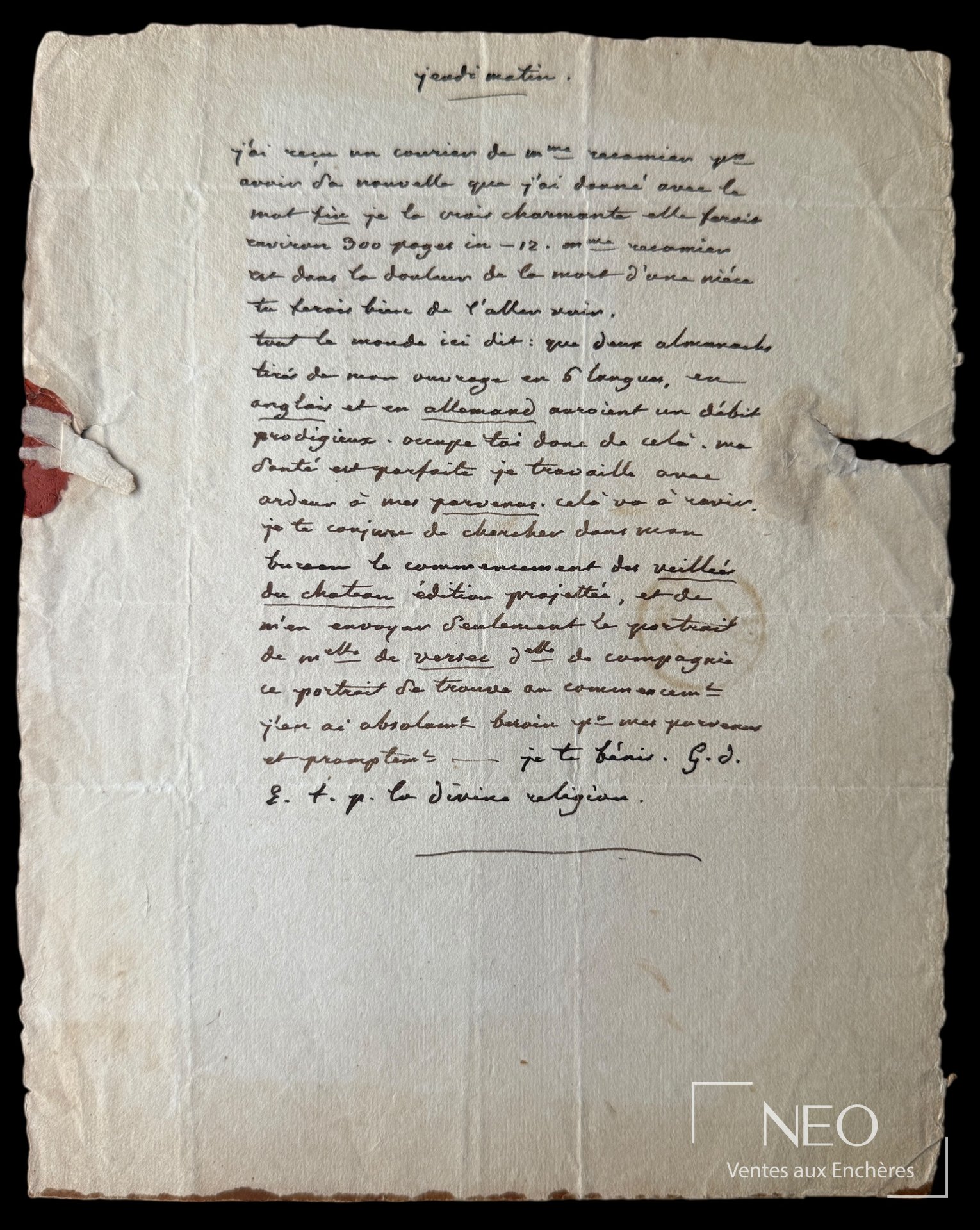 Lettre autographe manuscrite sur papier avec bord déchiré et fragment de cachet rouge