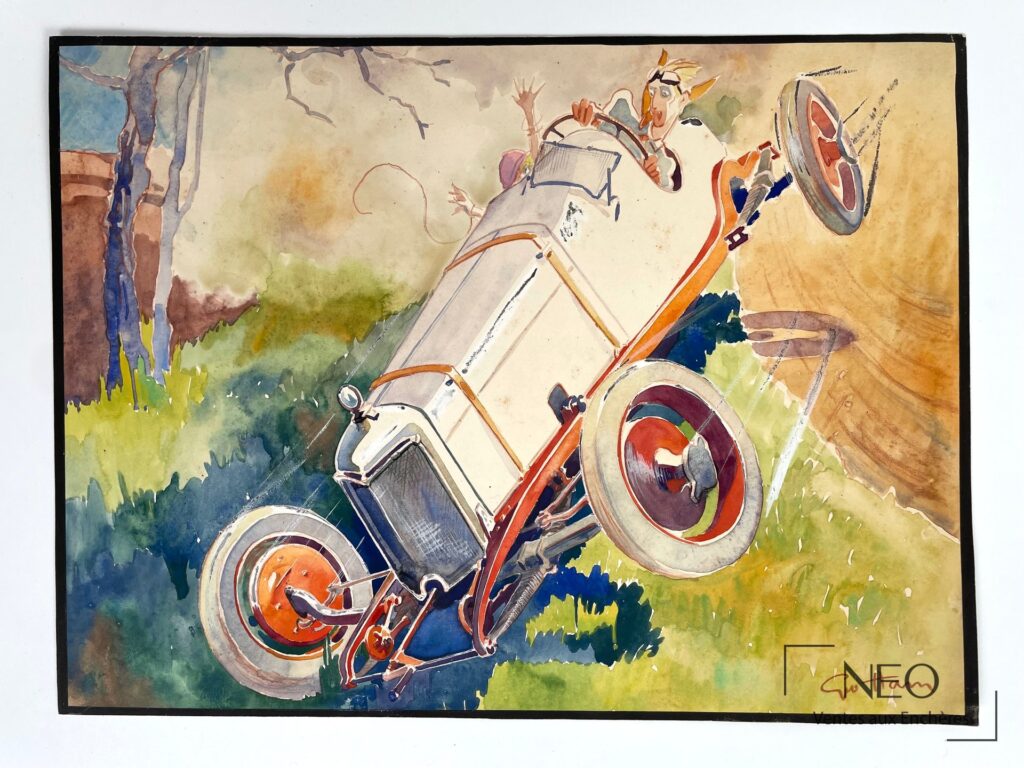 Gouache colorée représentant une conduite dangereuse avec une voiture renversée en premier plan