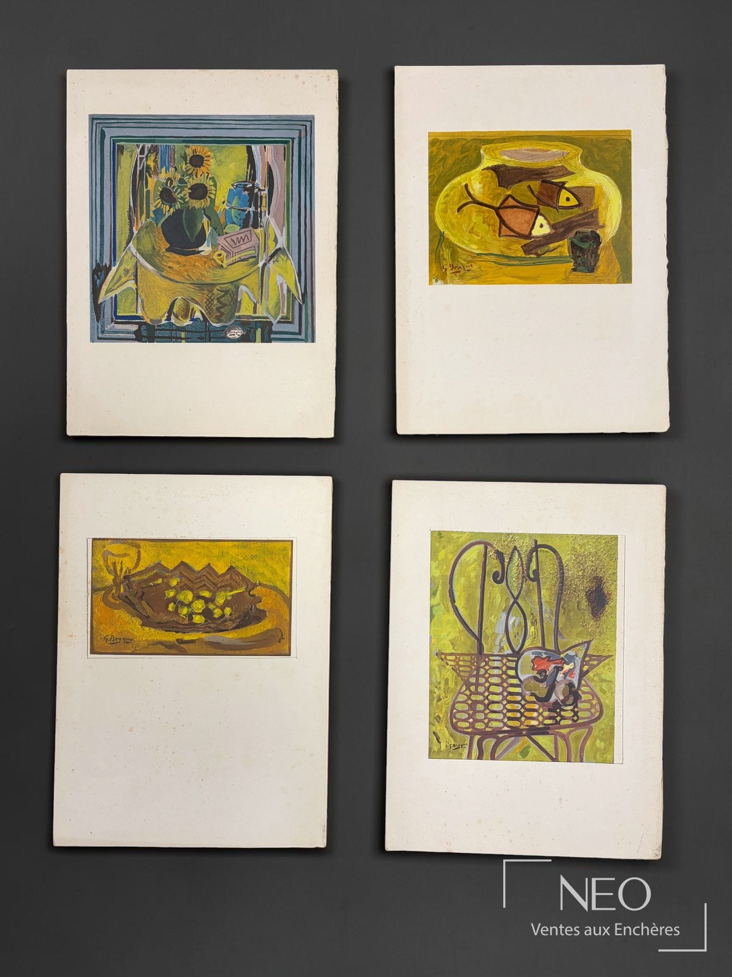 Quatre impressions en couleurs sur papier d'après George Braque