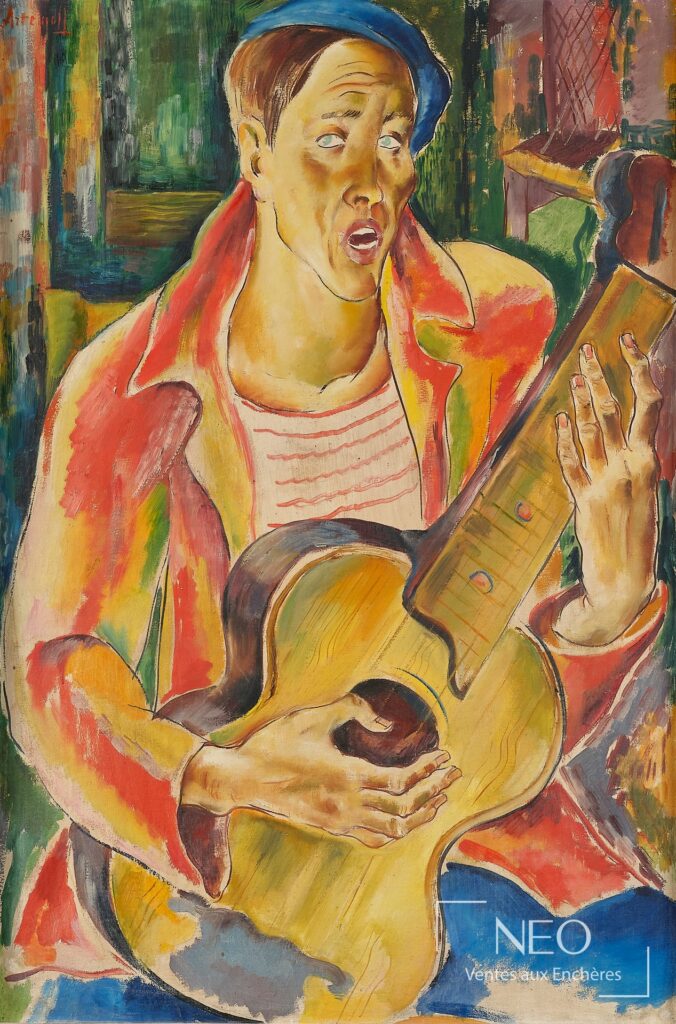 Huile sur toile représentant un guitariste