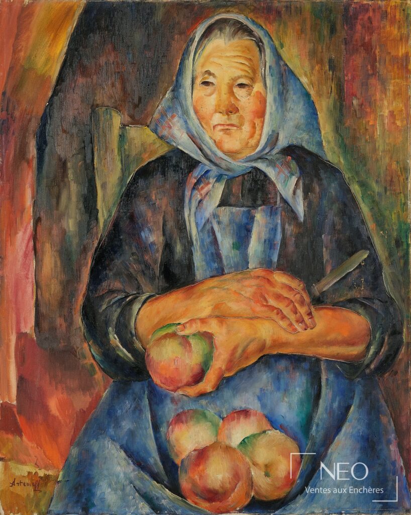 Portrait d'une vieille femme tenant des fruits