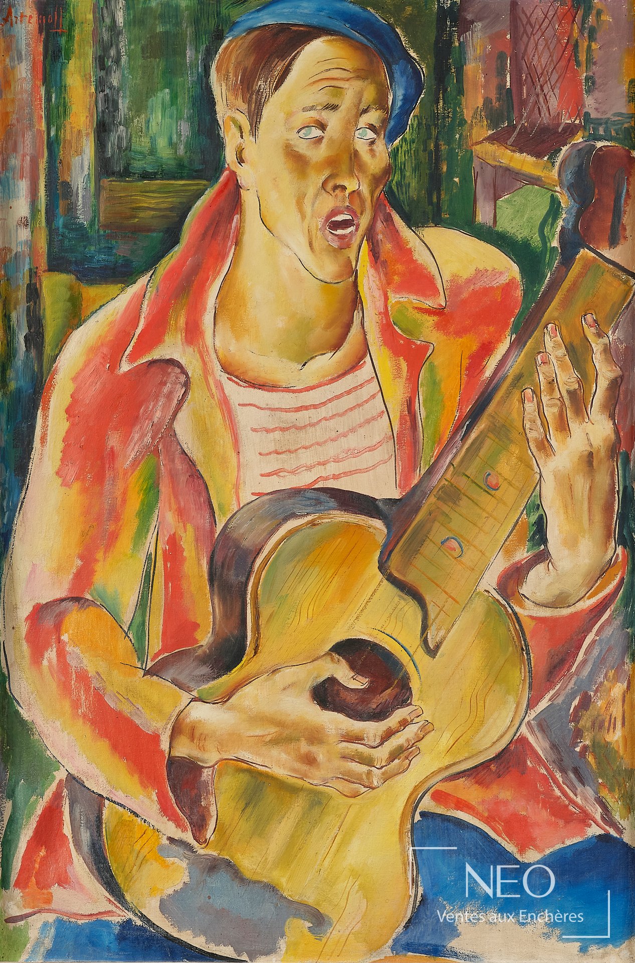 Peinture de Georges Artemoff représentant un guitariste en buste