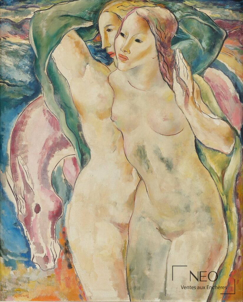 Huile sur toile de Georges Artemoff représentant deux nus féminins et un cheval