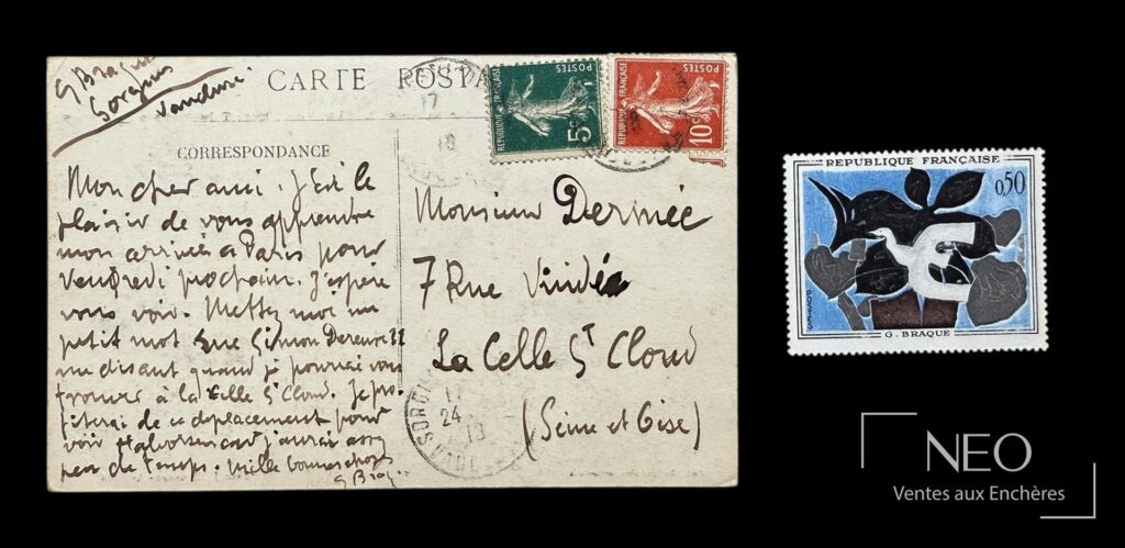Carte postale de Georges Braque avec texte autographe et adresse manuscrite