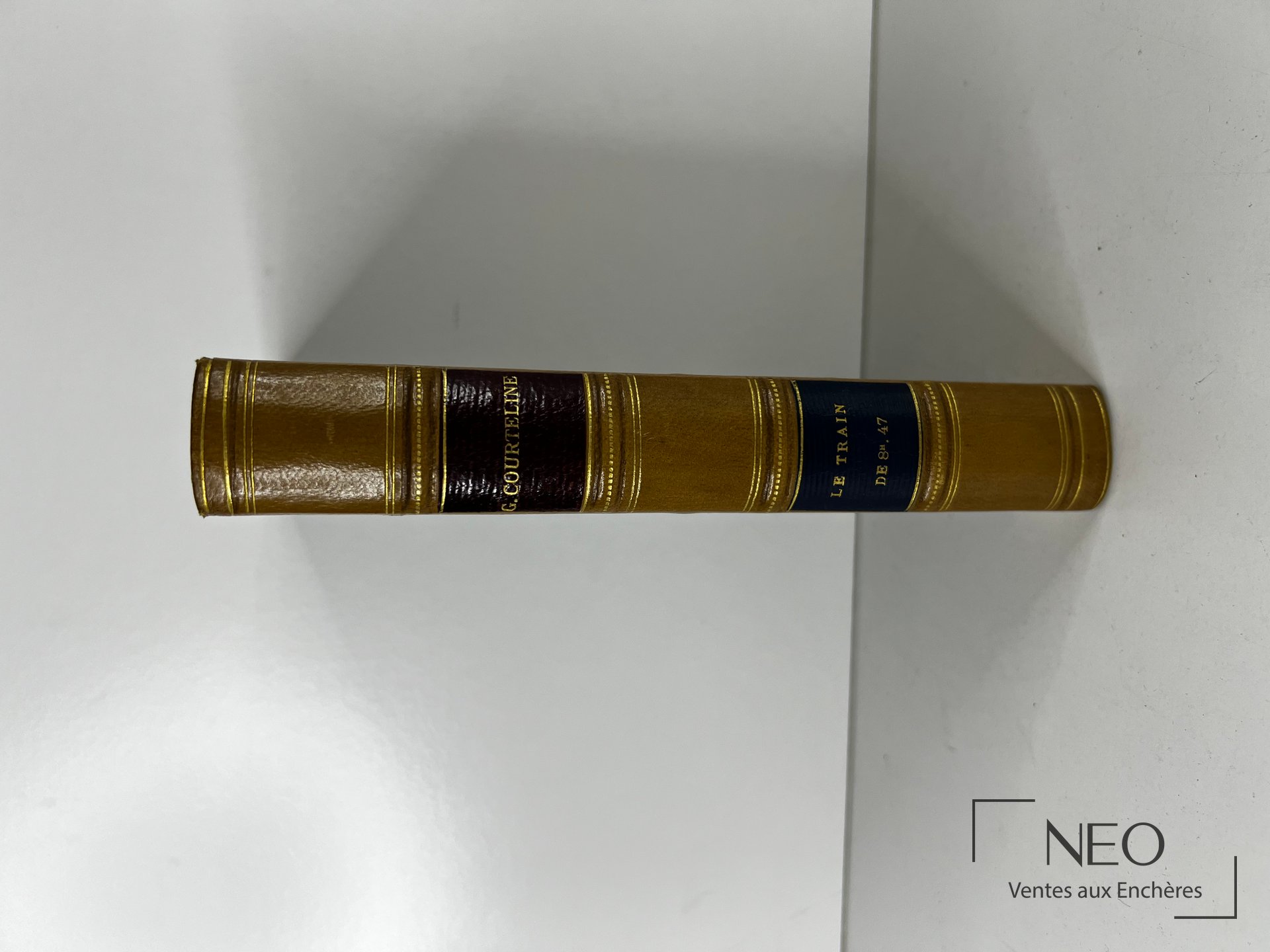 Dos d’un livre ancien en demi basane avec titres dorés et nerfs décorés