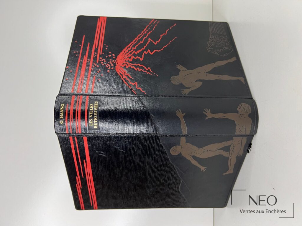 Reliure éditeur noire ornée de motifs rouges et dorés