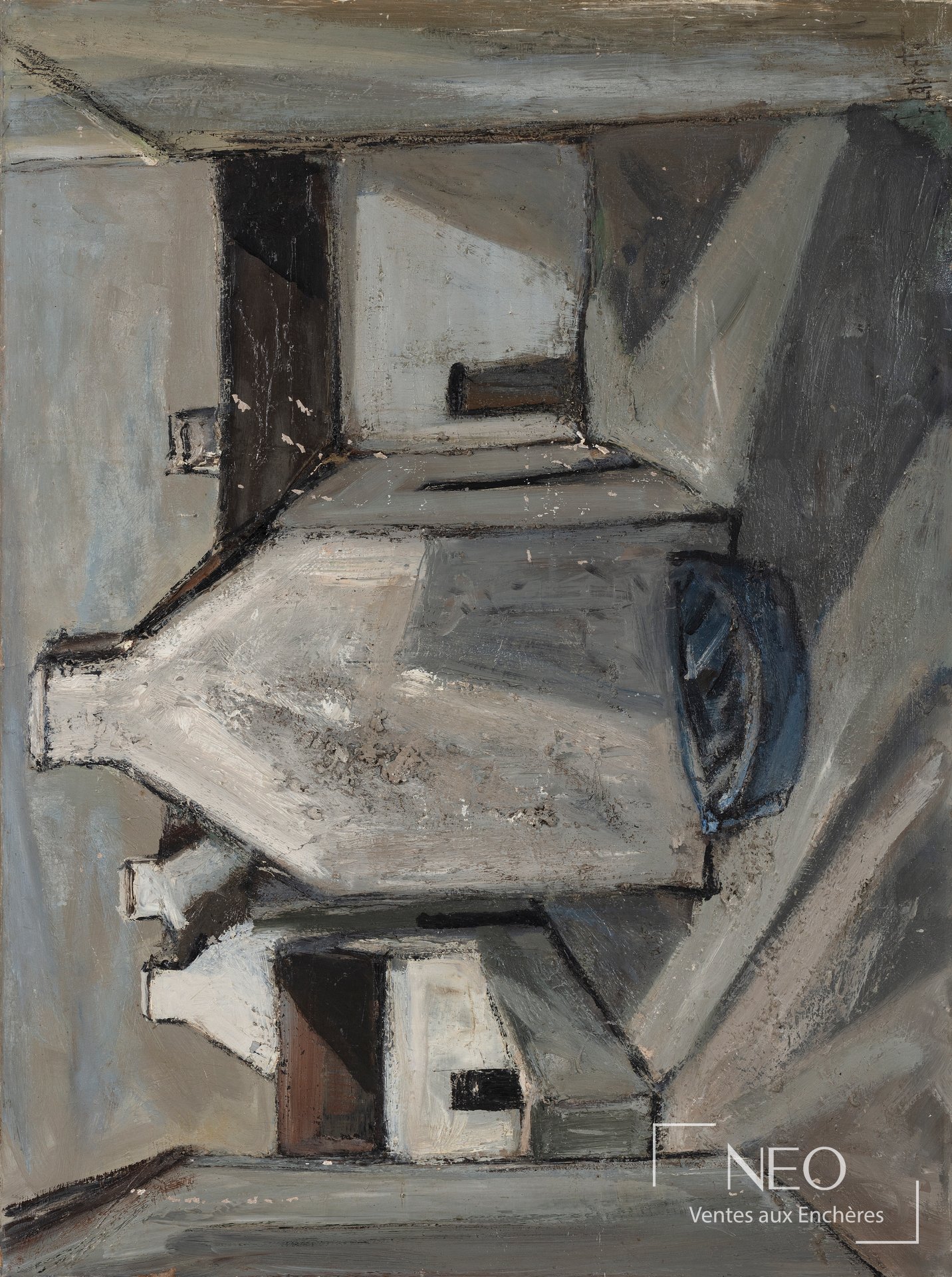 Huile sur toile de Georges Laporte représentant des formes architecturales abstraites en tons gris et noirs