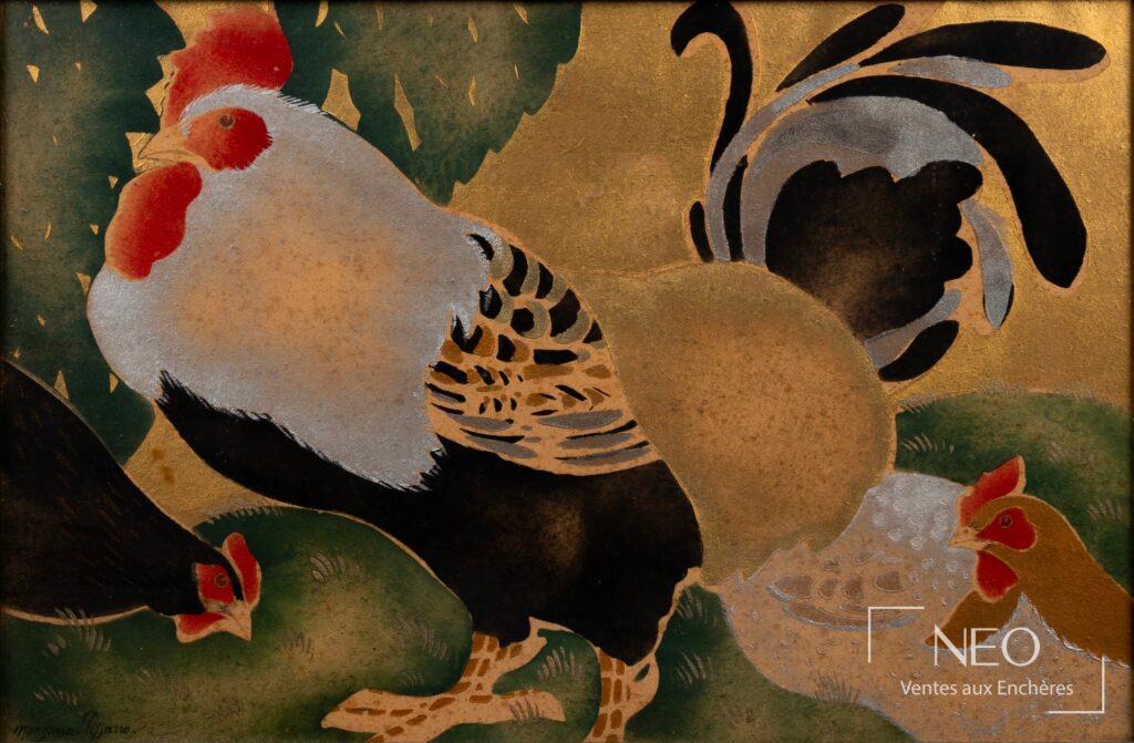 Estampe colorée représentant un coq et plusieurs poules sur fond doré