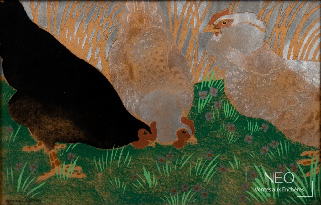 Détail de trois poules au pochoir