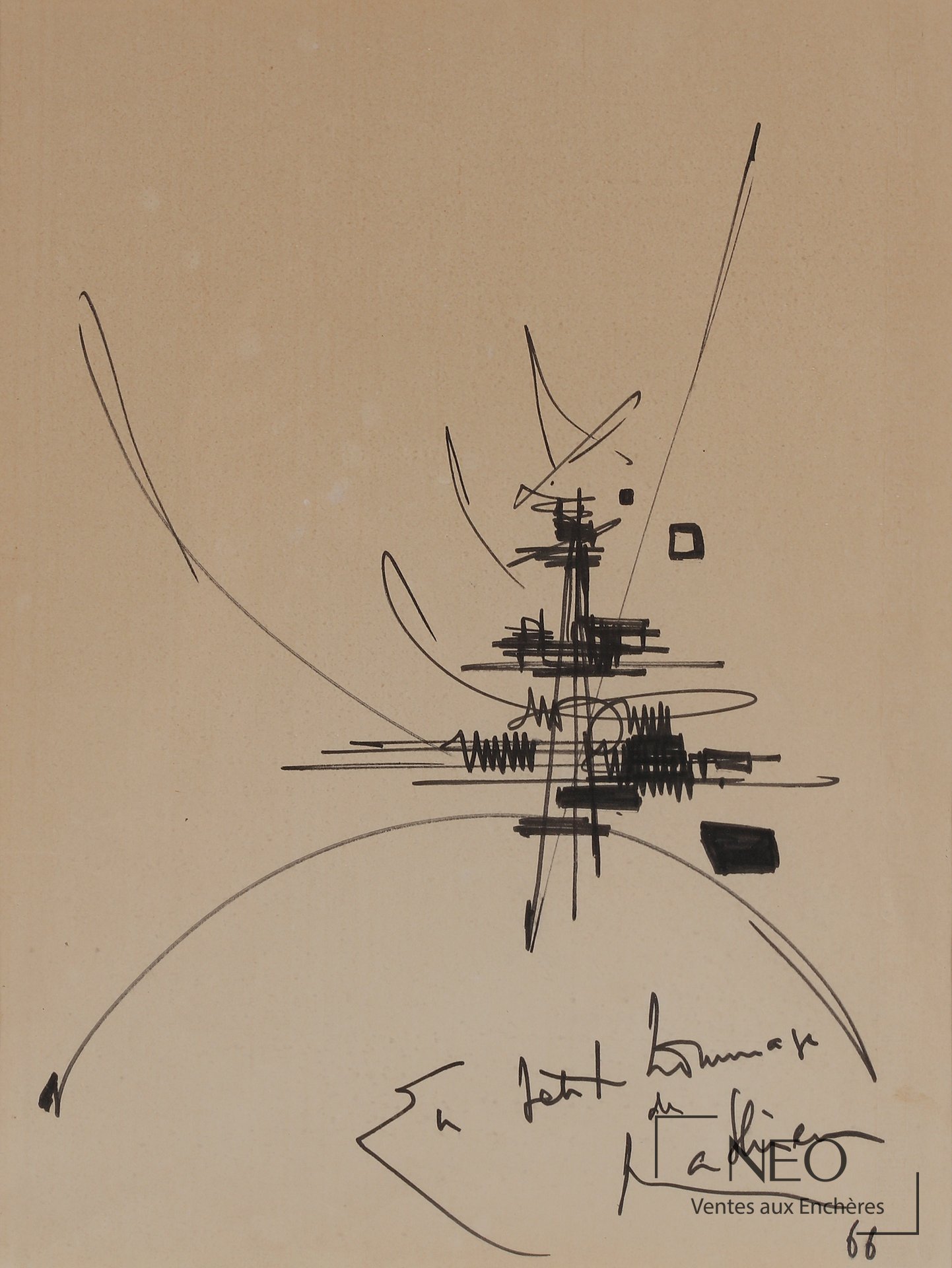 Dessin abstrait à l'encre sur papier signé Matthieu