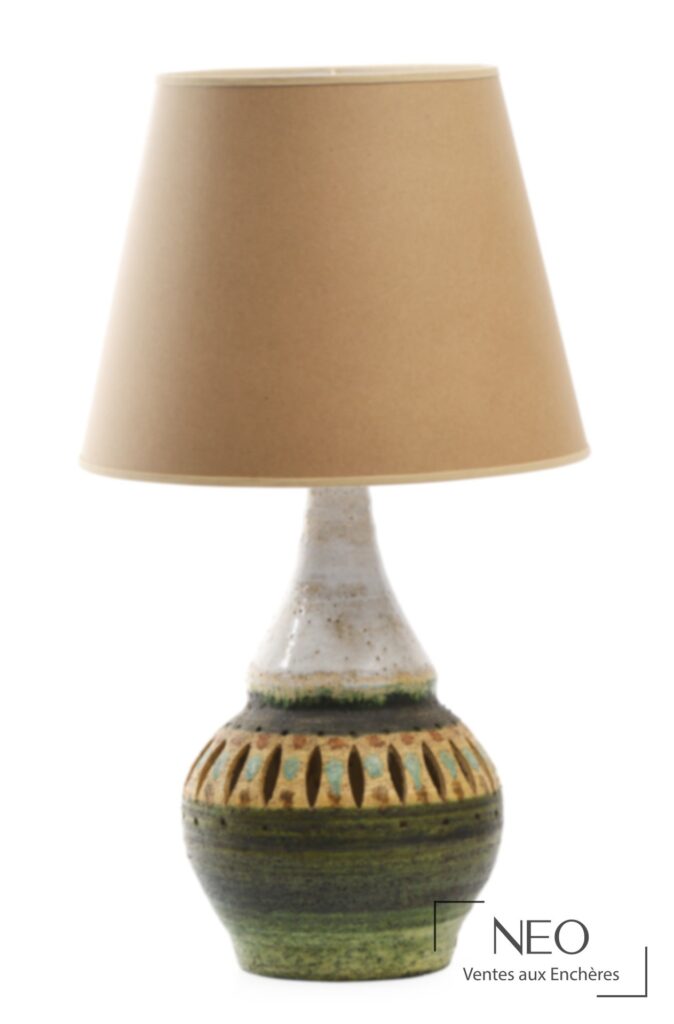 Pied de lampe piriforme en céramique émaillée vert et brun