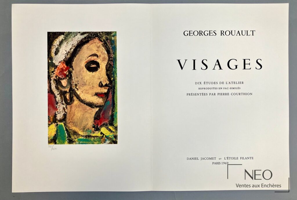 Page de titre de l'album Visages de Georges Rouault ouverte sur une reproduction en fac-similé