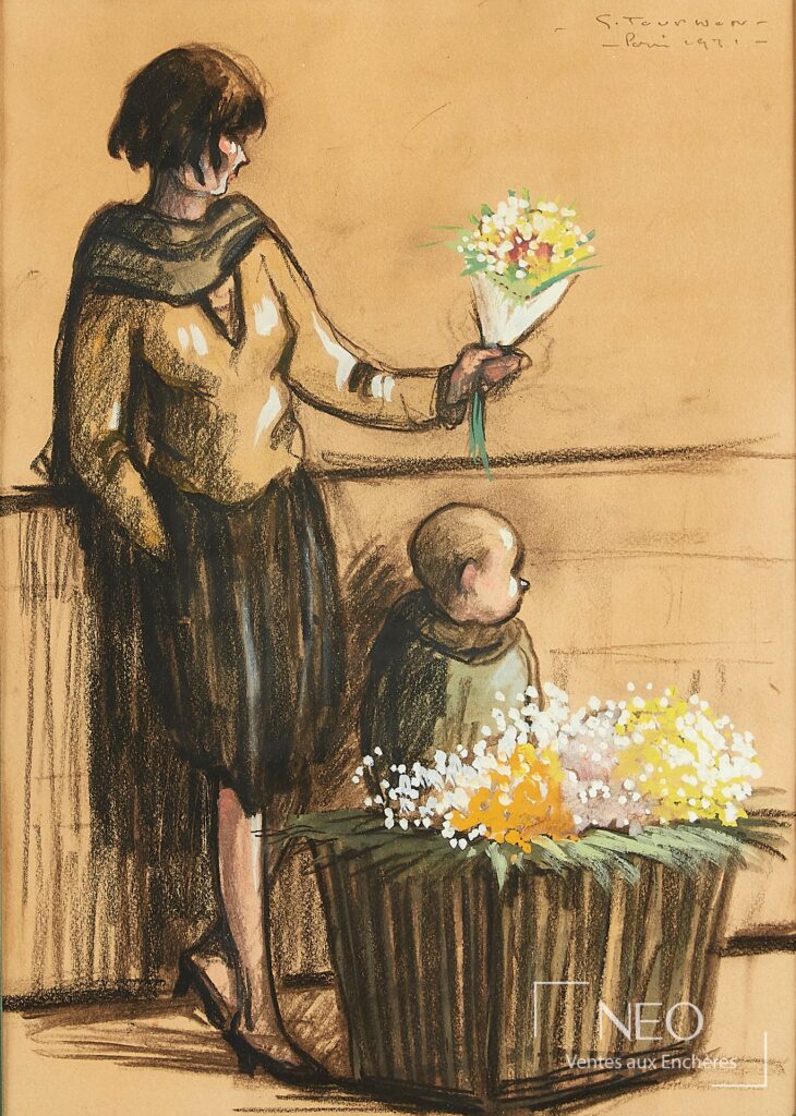 Dessin de femme et enfant tenant des fleurs