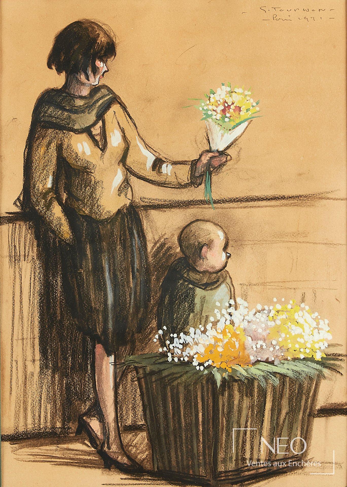 Dessin de femme et enfant tenant des fleurs
