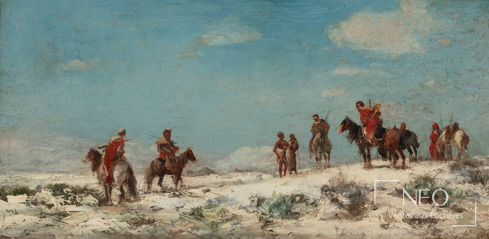 Tableau représentant des cavaliers arabes dans un paysage désertique sous un ciel bleu.