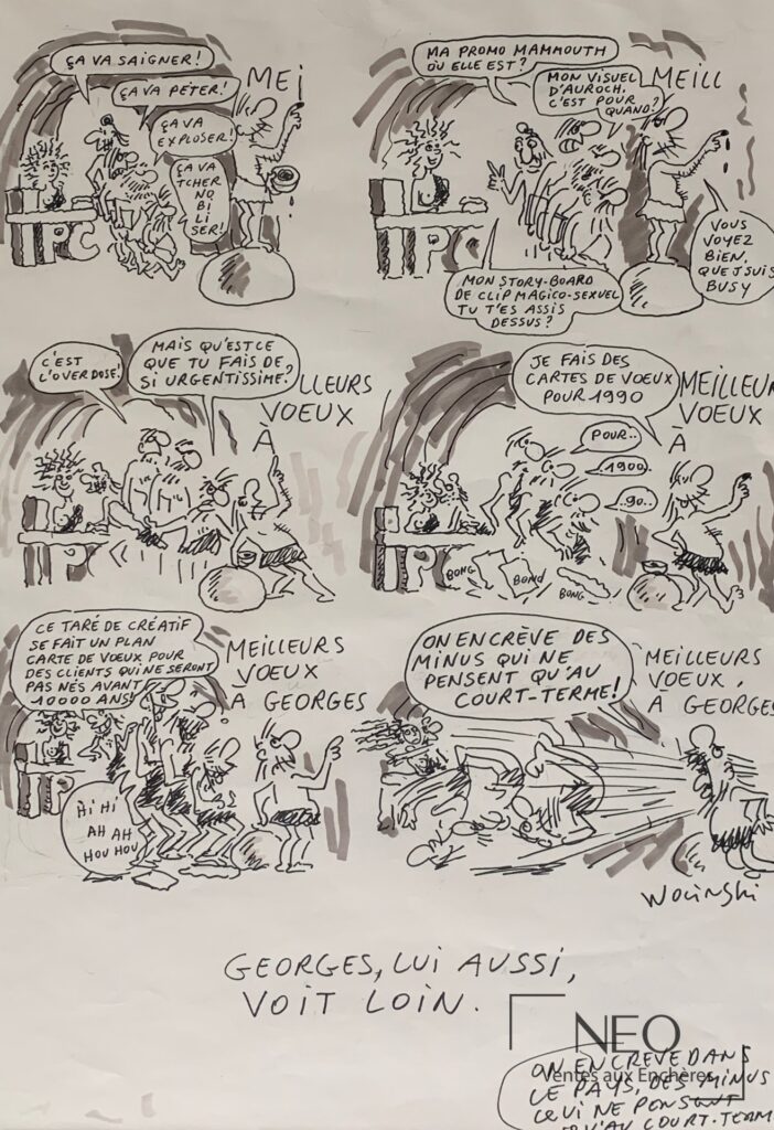 Planche originale de Georges Wolinski montrant plusieurs vignettes humoristiques en noir et gris