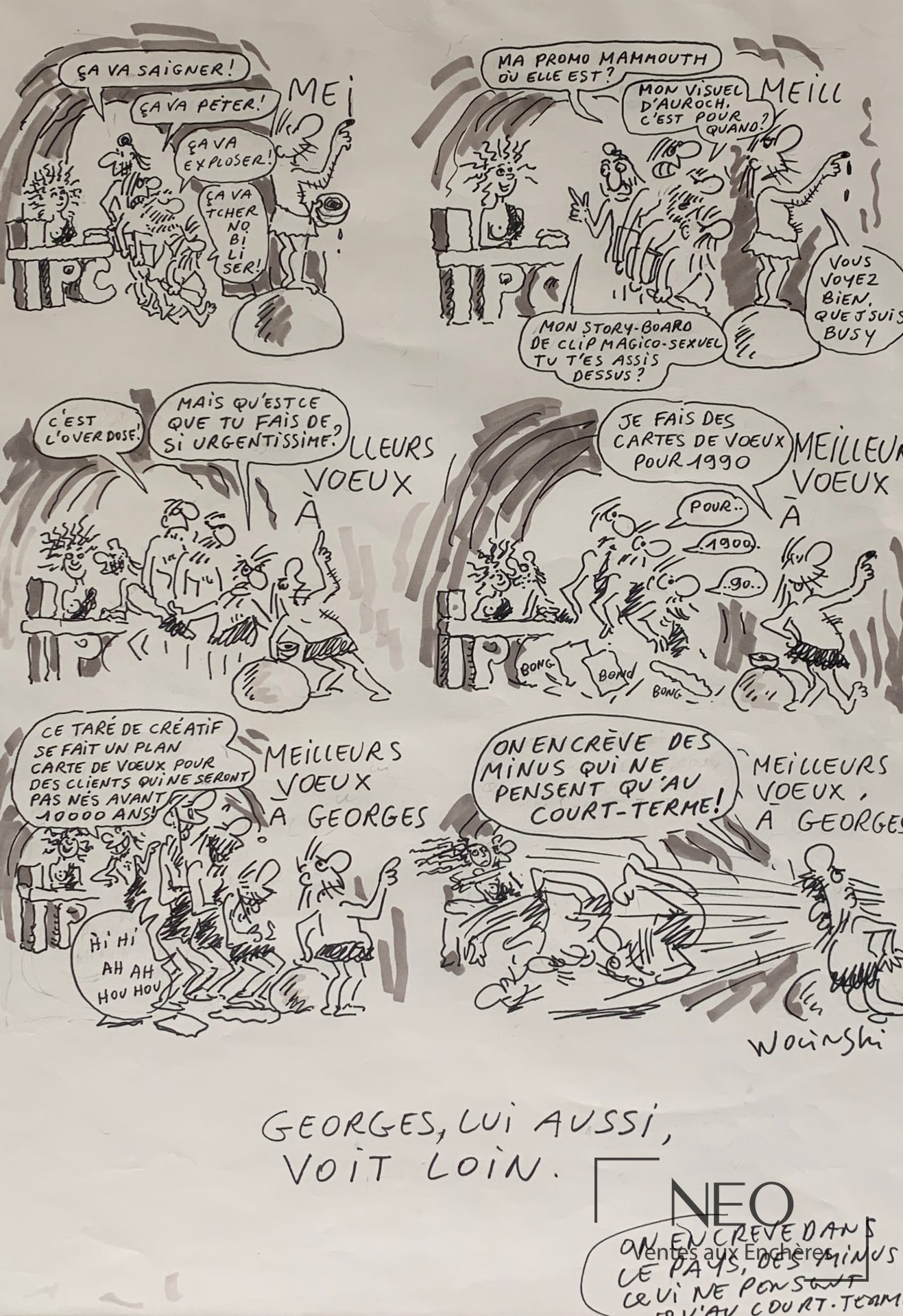 Planche originale de Georges Wolinski montrant plusieurs vignettes humoristiques en noir et gris