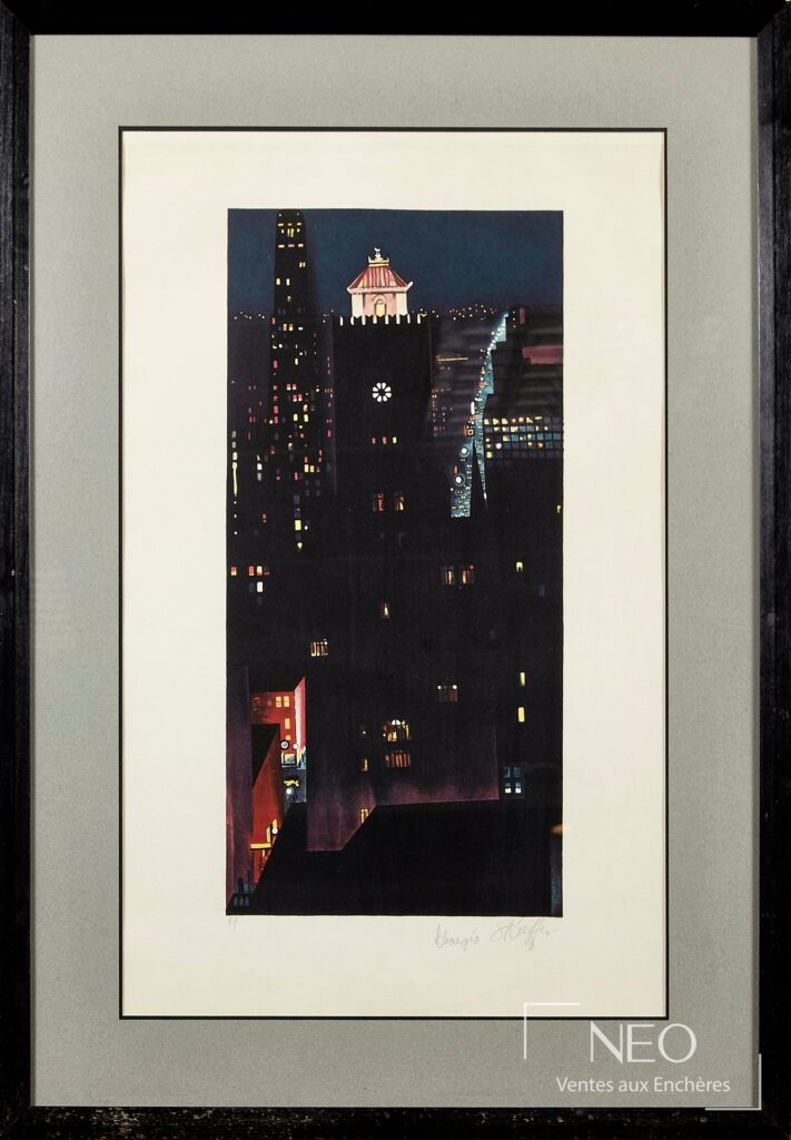Lithographie encadrée de Georgia O'Keeffe montrant une scène nocturne urbaine.