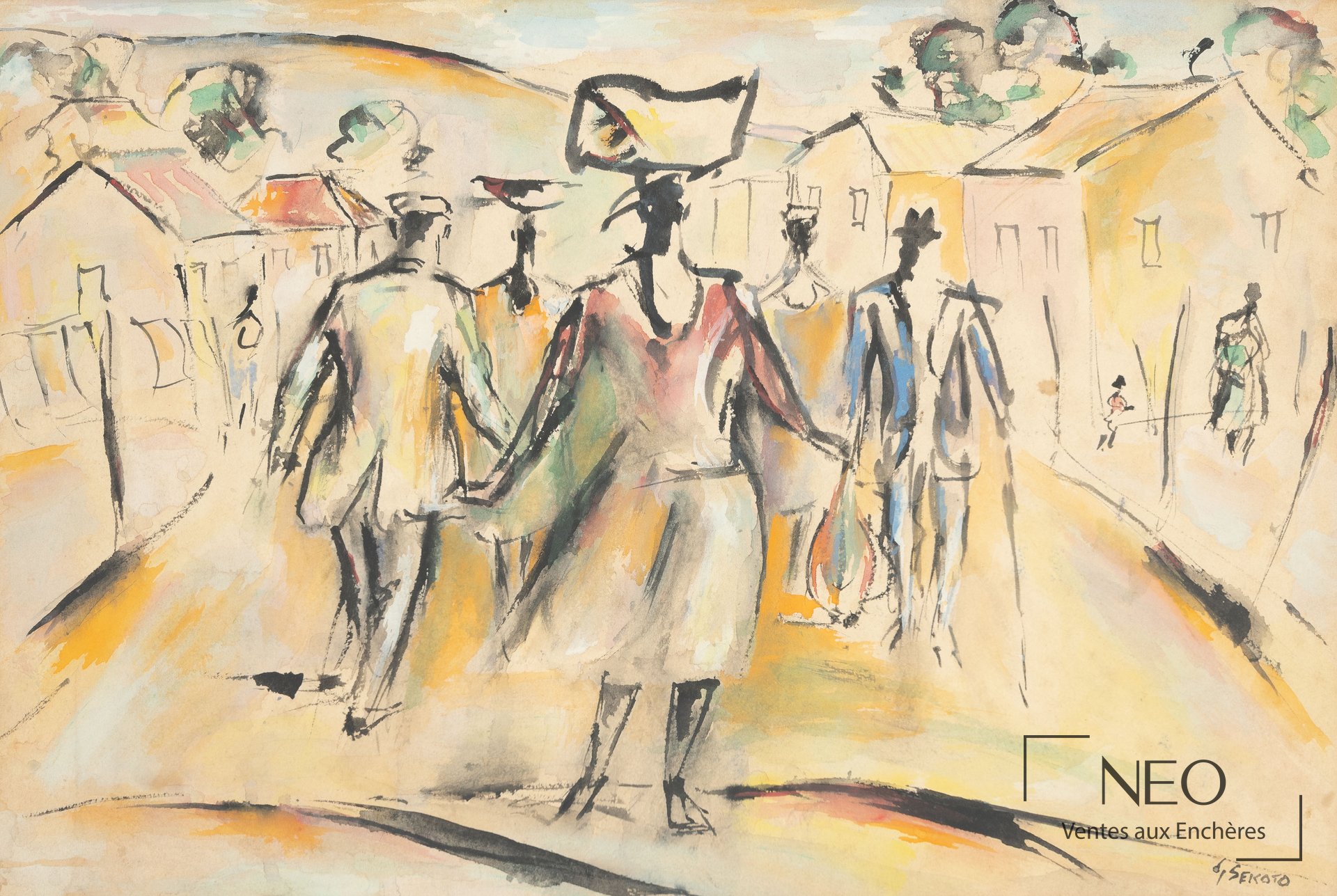 Gérard Sekoto Personnages dans la rue, technique mixte sur papier