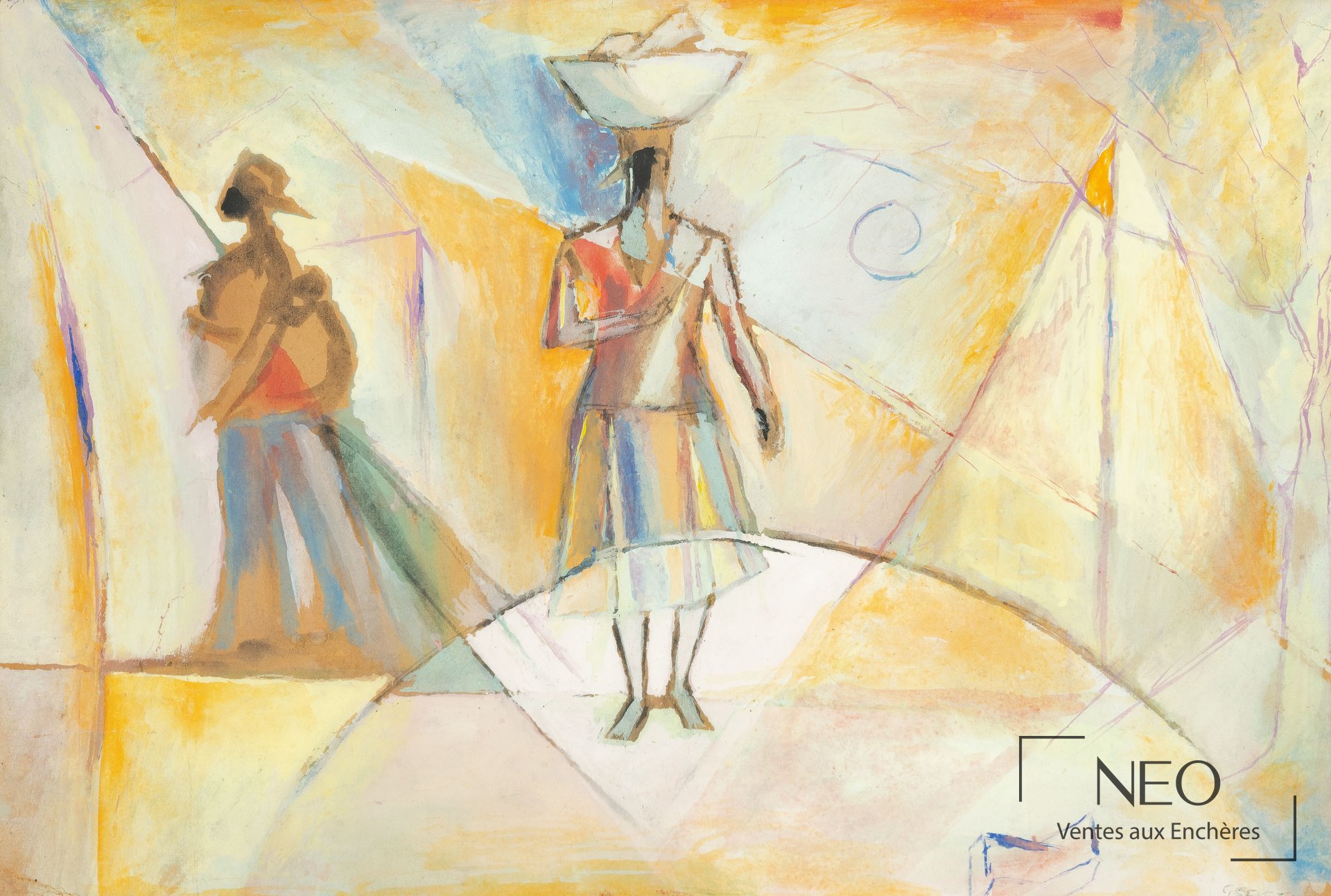 Deux personnages de Gérard Sekoto en technique mixte sur papier