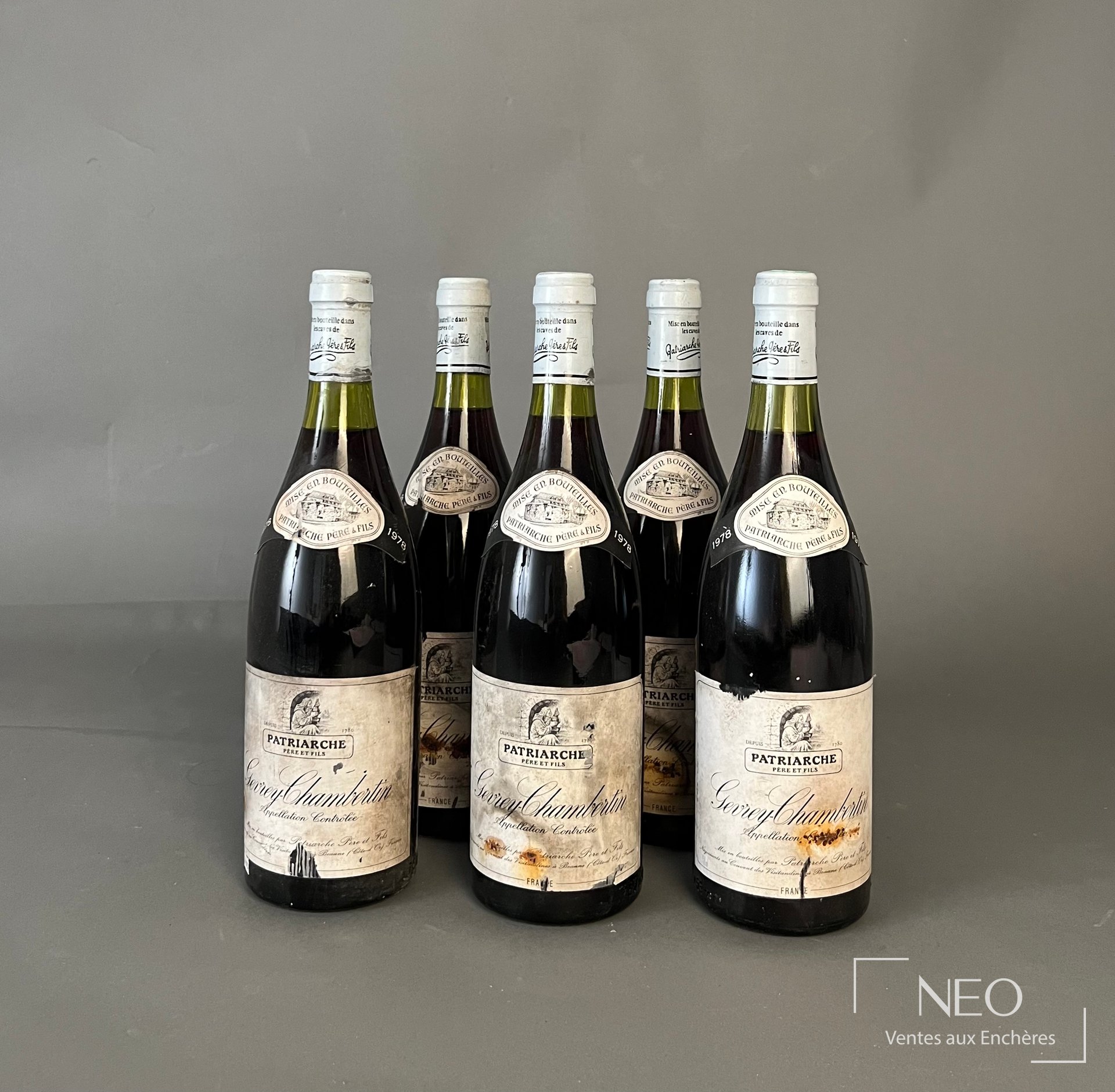 Cinq bouteilles de Gevrey-Chambertin Patriarche père et fils alignées de face.