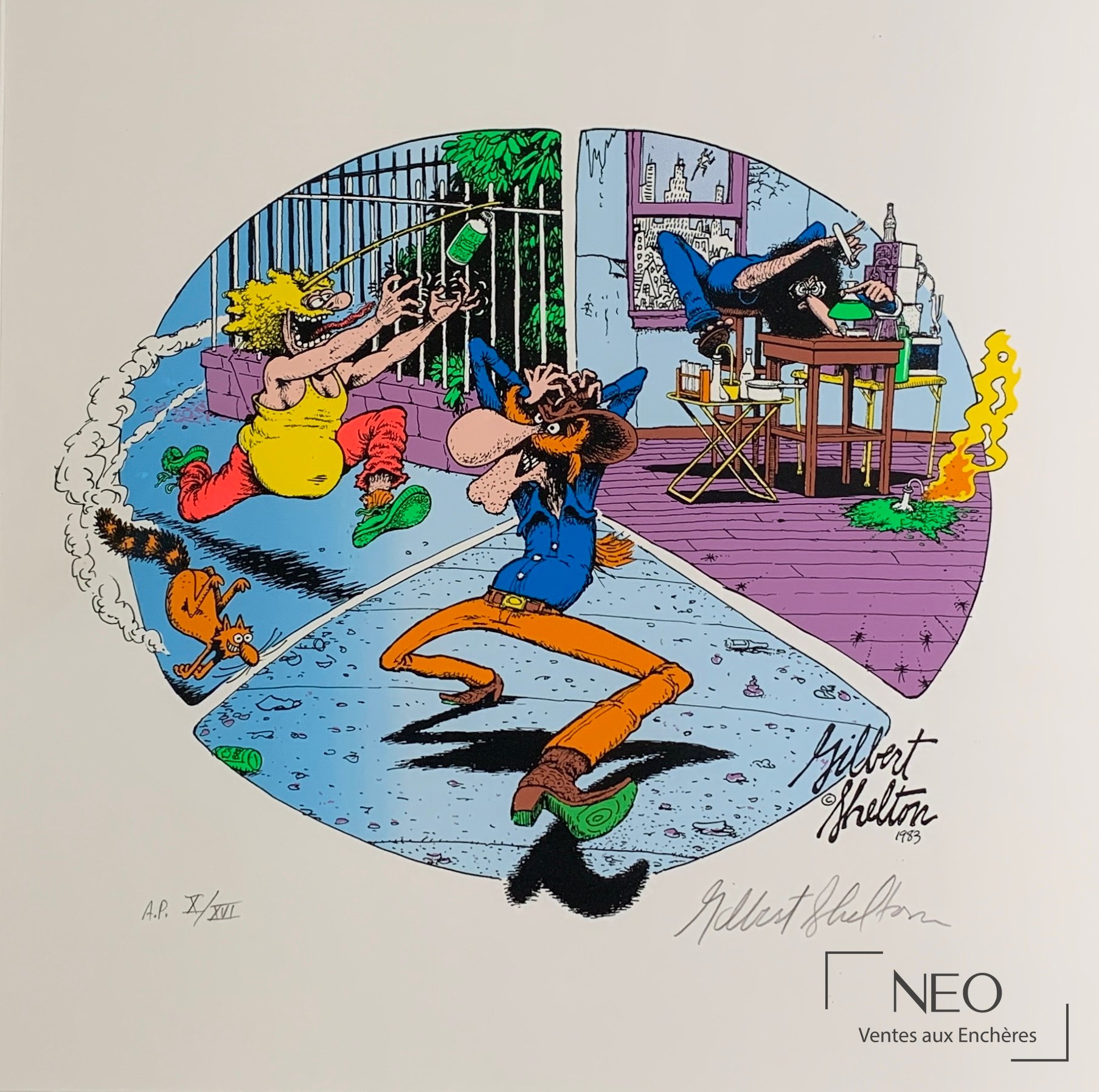 Estampe colorée de Gilbert Shelton représentant Les fabuleux Freak Brothers