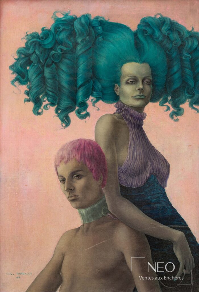 Huile sur toile de Gilles Rimbault représentant deux figures aux cheveux turquoise sur fond rose
