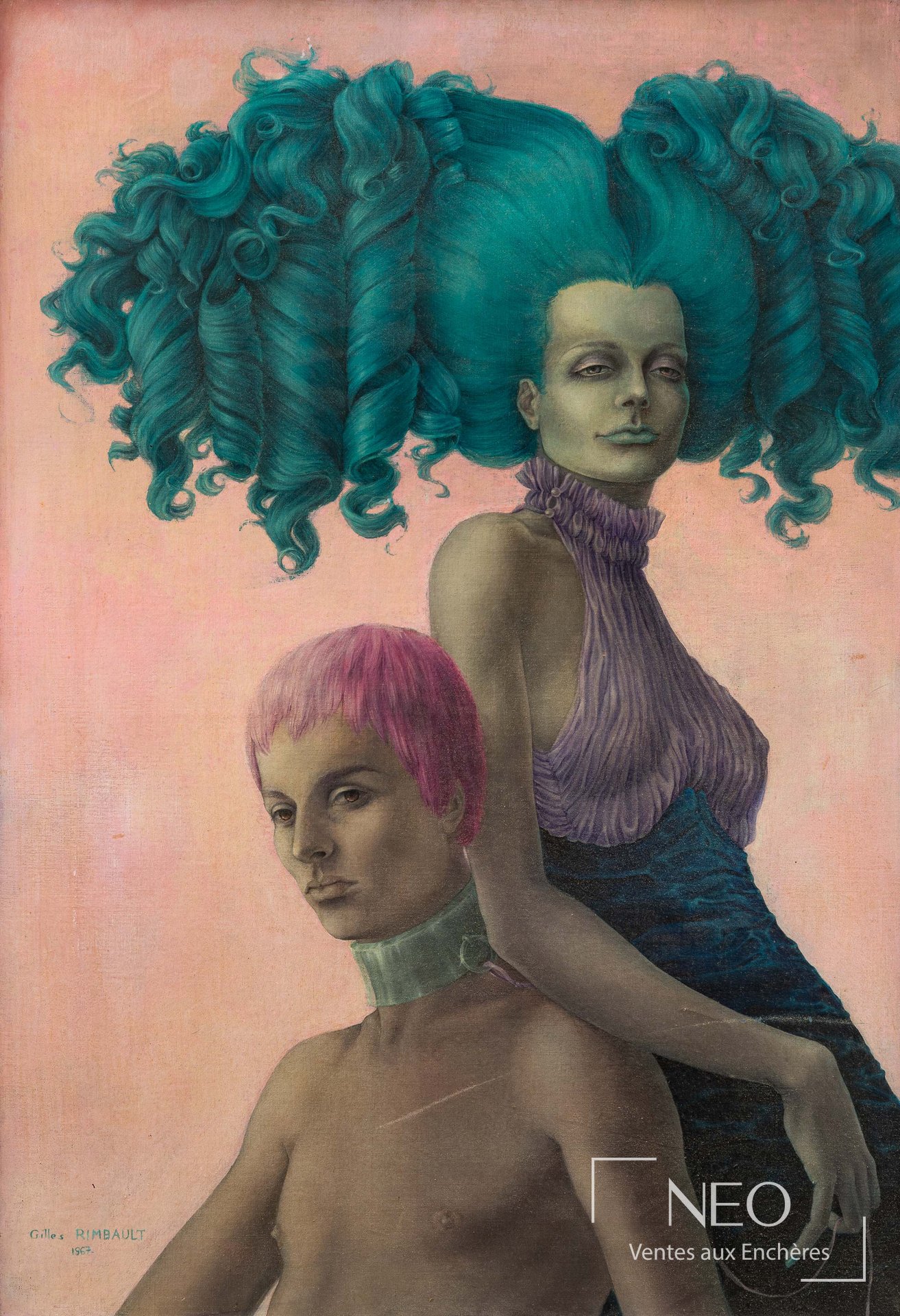 Huile sur toile de Gilles Rimbault représentant deux figures aux cheveux turquoise sur fond rose