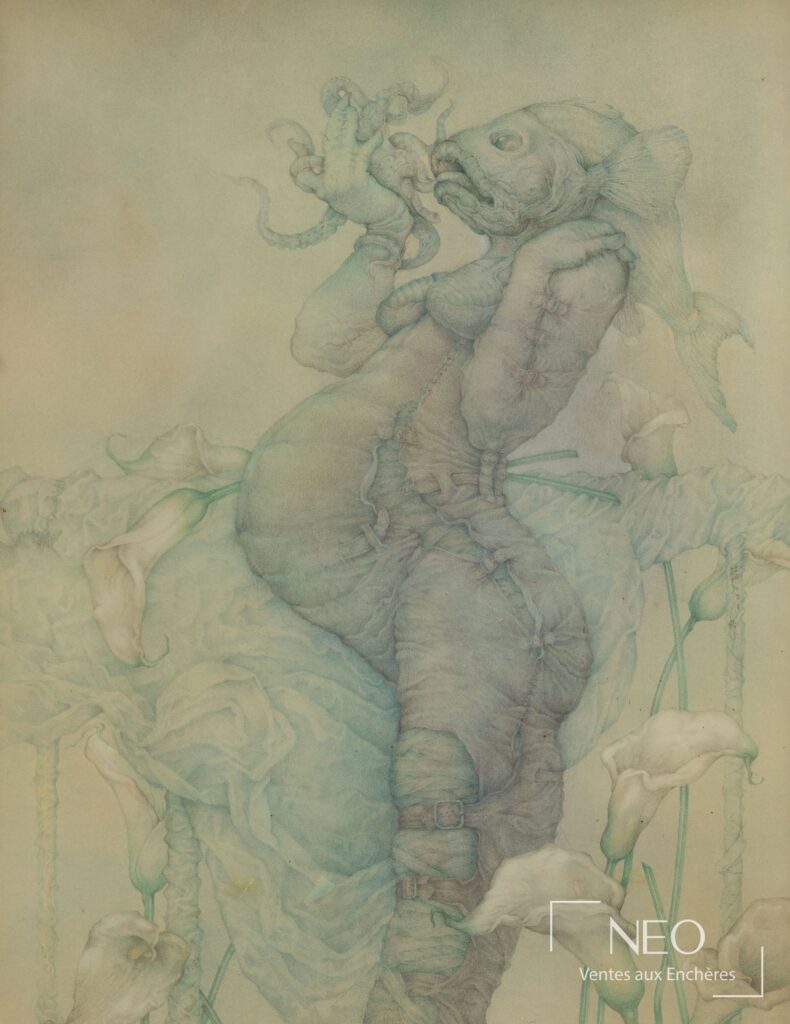 Dessin de Gilles Rimbault représentant une femme poisson en pastel et crayon sur papier